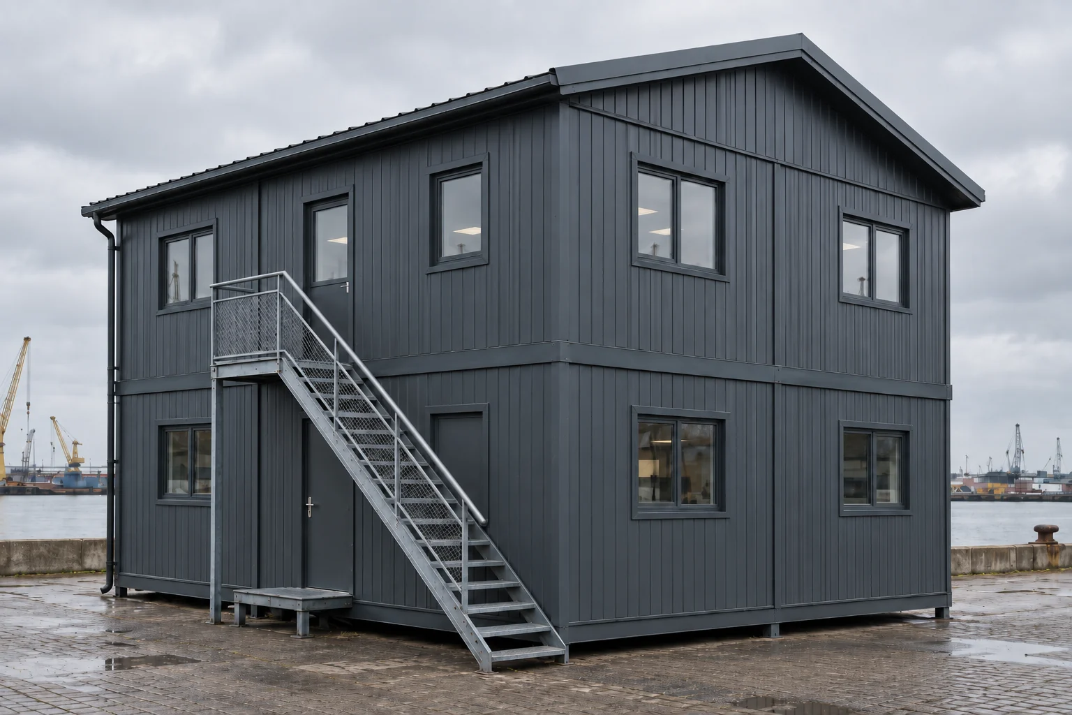 Two-storey combined modular container building with vertical sandwich panels, a pitched roof and external steel stairs