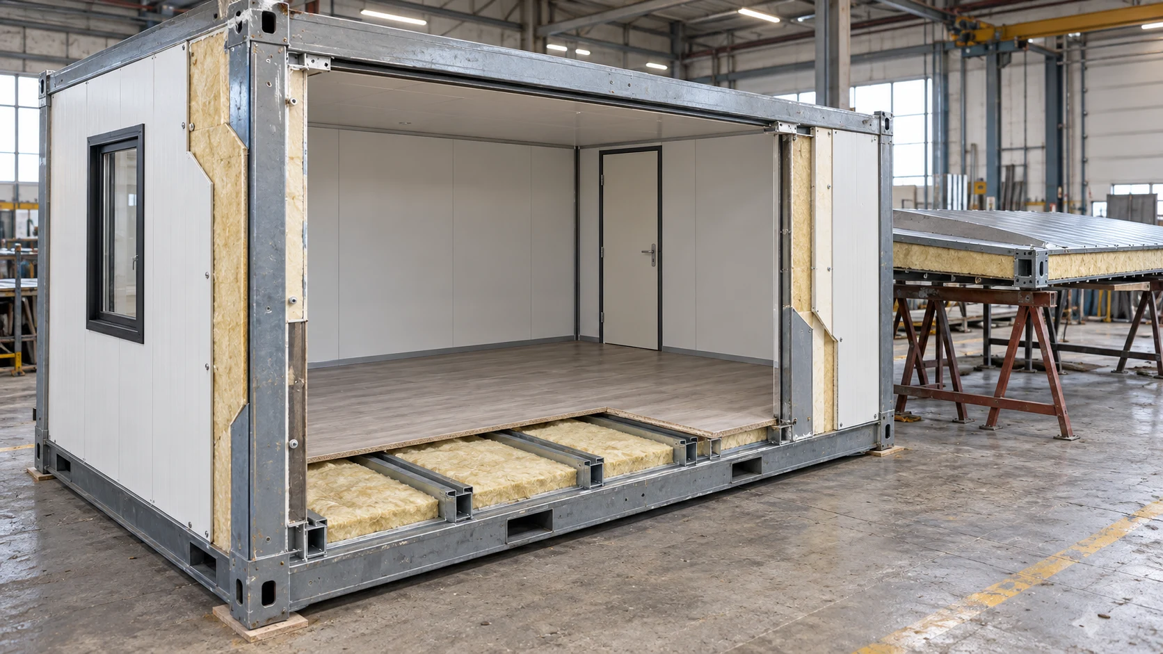 Realistic factory inspection concept showing a modular unit with exposed floor insulation, wall build-up and a roof cassette on trestles