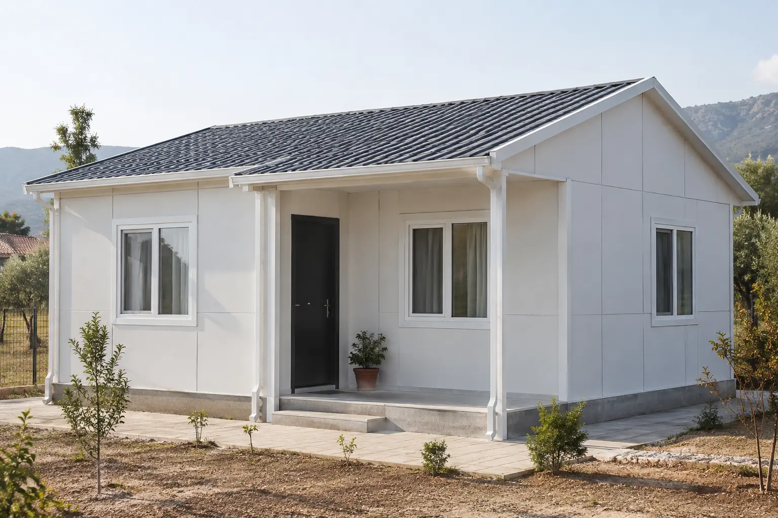 Compact single-storey prefabricated panel house with a grey pitched roof and sheltered entrance